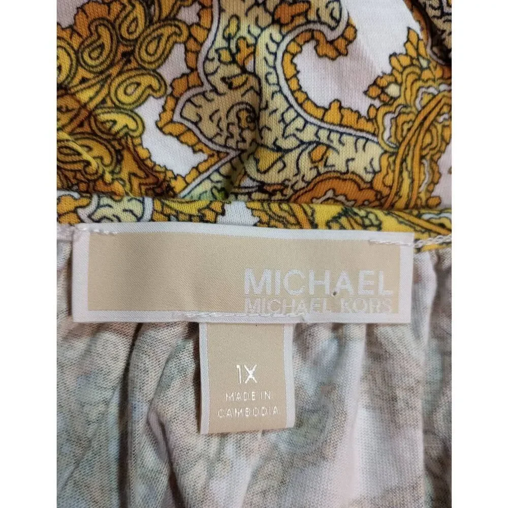 Michael‎ Kors Womens 1X Yellow Paisley Scoop Neck 3/4 Sleeve Blouse Top